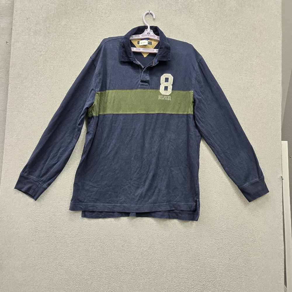 VINTAGE‎ Tommy Hilfiger Men Polo XL Navy Embroidered Colorblock Rugby Shirt